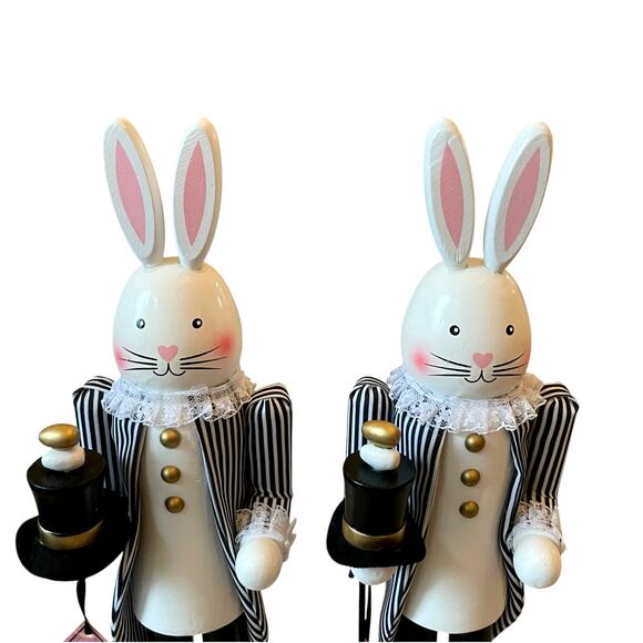 Tophat & Tail Wooden Bunny Rabbit Nutcrackers 14in Black White Set of 2 NEW - Picture 3 of 16